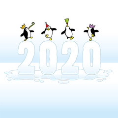 Partying Penguins Celebrating on Melting Frozen Year 2020