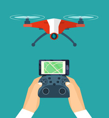 Hands holding drone's controller. Flying drone quadcopter. Vector flat style illustration © lyudinka