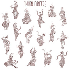 A set of Indian dancers. Girls in different oriental dance poses. Decorated silhouettes in the style of mehndi.
