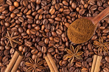 Ground coffee in a vintage spoon on coffee beans
