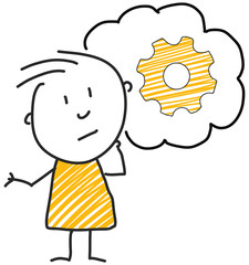 stick man standing and thinking bubble expression illustration yellow gear symbol