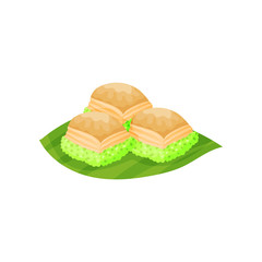 Traditional Indonesian sweets. Delicious snacks on green leaf. Flat vector design for recipe book, poster or flyer