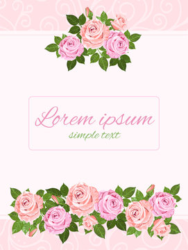 Beige and pink roses vector greeting card, copy space