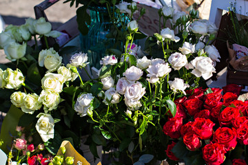 Beautiful bouquets of flowers on the market. Showcase with flowers. Sale of flowers. Flower shop.