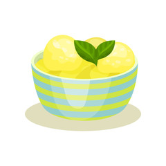 Balls of tasty lemon ice-cream and mint leaves in striped ceramic bowl. Delicious summer dessert. Flat vector design for menu or flyer
