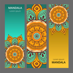 Indian floral paisley medallion banners. Ethnic Mandala ornament. Can be used for textile, greeting card, coloring book, phone case print.