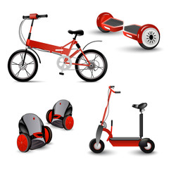 Realistic self-balancing gyro two-wheeled board scooter or hoverboard 3 colorful sets transparent background vector illustration
