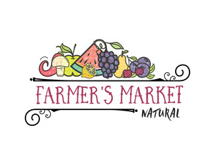Fruits and vegetables, vegetarian banner Farmer's Market , isolated color vector icons.