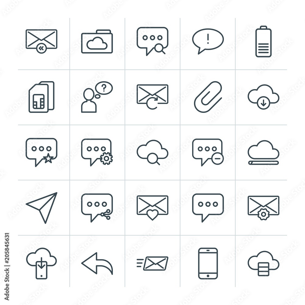 Poster modern simple set of cloud and networking, chat and messenger, mobile, email vector outline icons. c