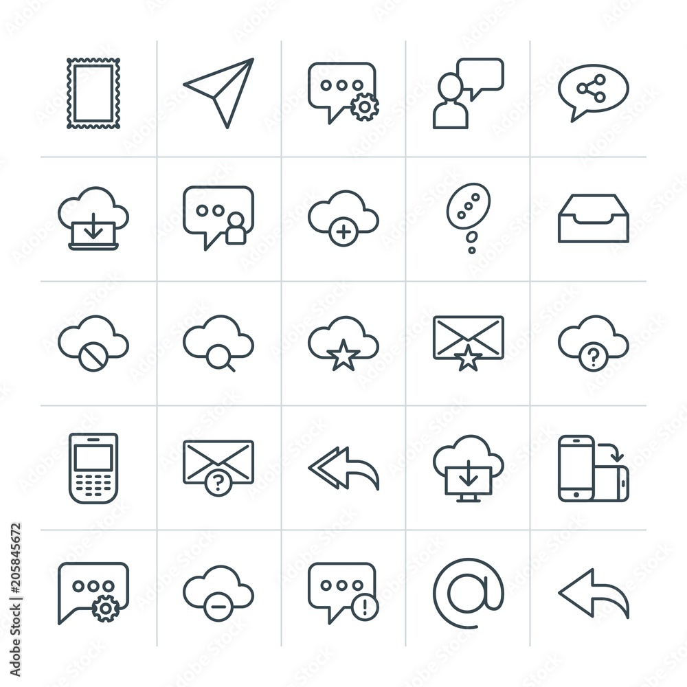 Poster modern simple set of cloud and networking, chat and messenger, mobile, email vector outline icons. c
