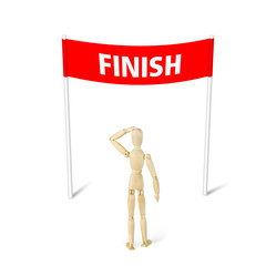 Man stands before Finish. Concept with a wooden dummy