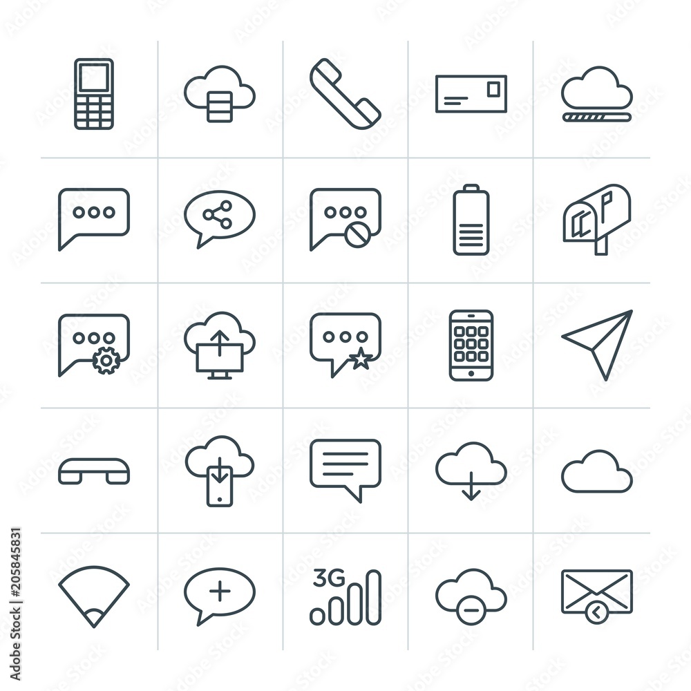 Poster modern simple set of cloud and networking, chat and messenger, mobile, email vector outline icons. c