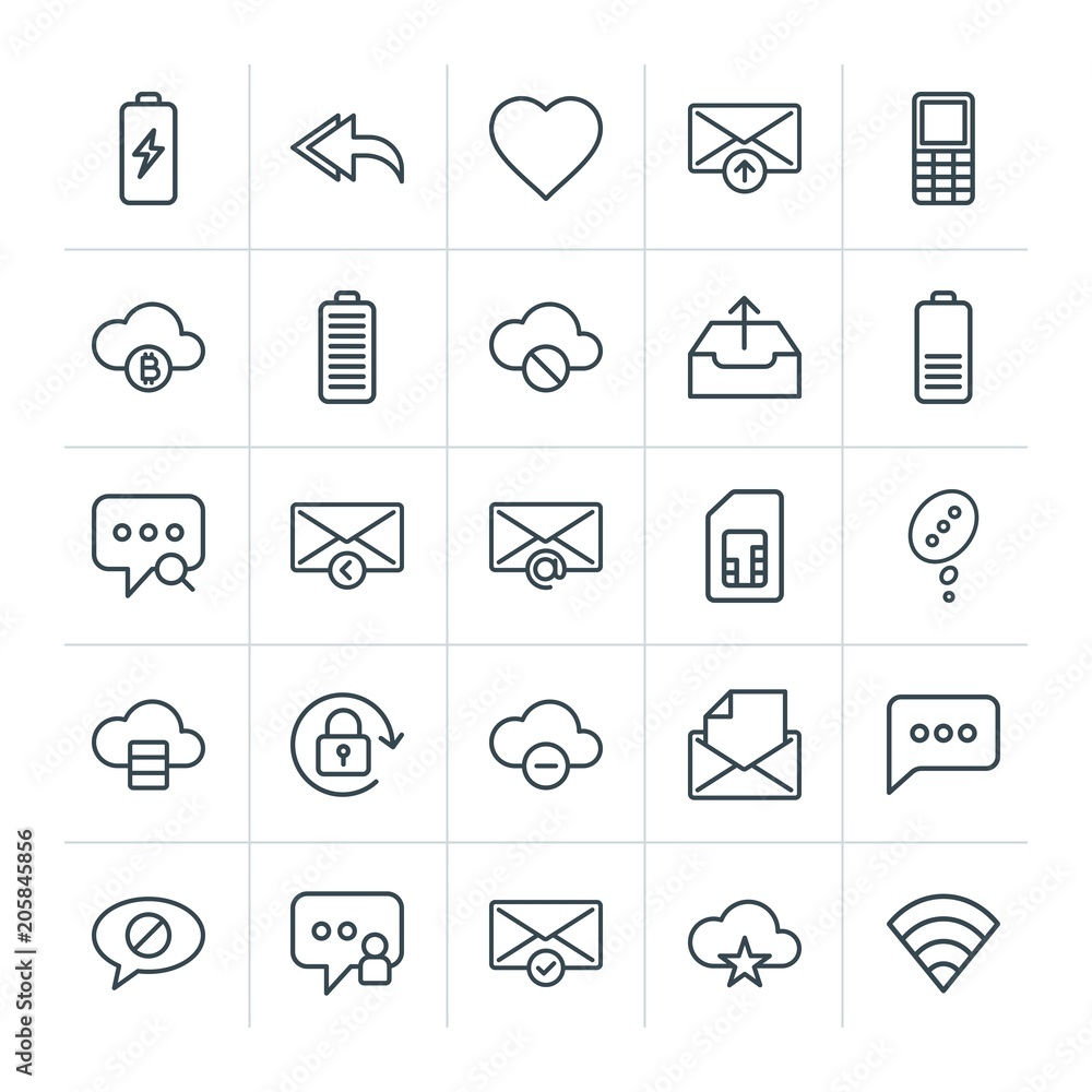 Poster modern simple set of cloud and networking, chat and messenger, mobile, email vector outline icons. c