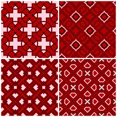 Red seamless backgrounds with black and white geometric patterns