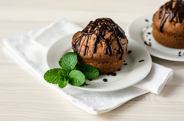 Chocolate muffin and mint on white plate.
