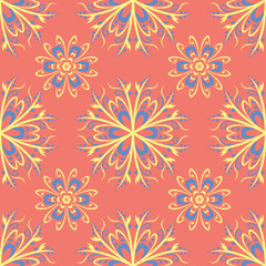 Floral seamless pattern. Bright pink orange background with yellow and blue flower elements