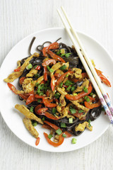 buckwheat noodles with vegetables top view.