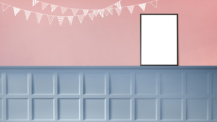 3d rendering illustration of sweet room preparing for party, baby showers, girl birthday. Nice chalk sketches of flags decoration on pink wall. Sunny morning. Interior with classic wooden wall panel.