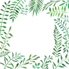 Hand drawn watercolor illustration of botanical branches. Decorative graphic frame for wedding branding, invitations, greeting card. Isolated on white background. Place for text.