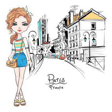 Vector beautiful fashion hipster girl in summer clothes, t-shirt and skirt with bag on Paris street, France