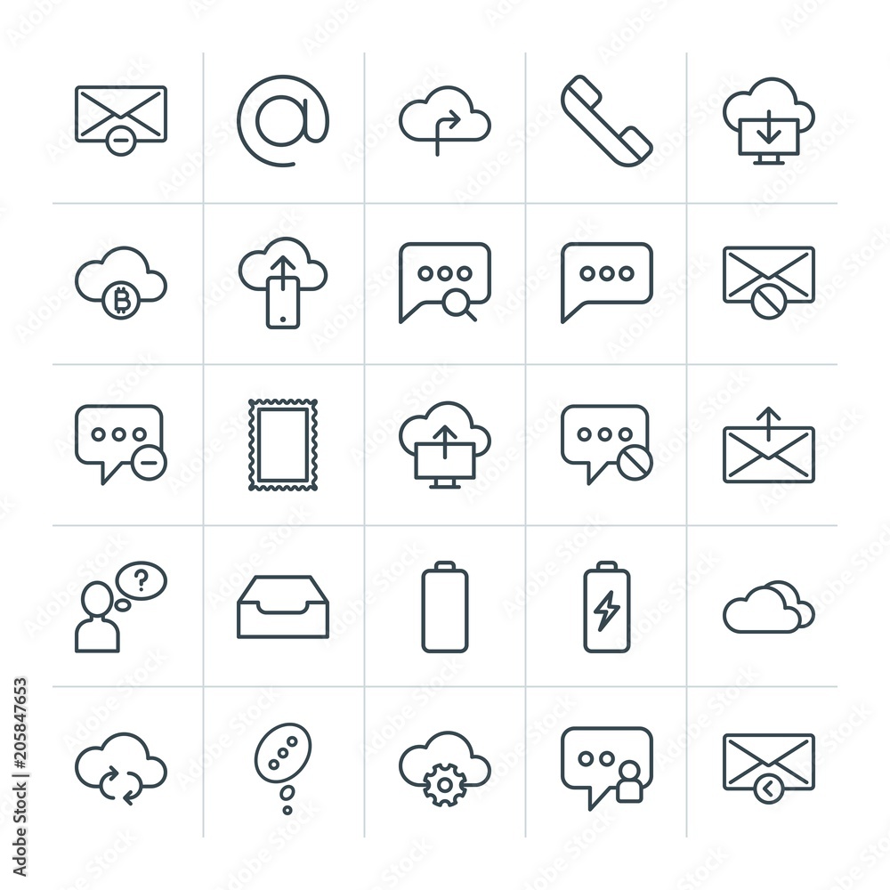 Poster modern simple set of cloud and networking, chat and messenger, mobile, email vector outline icons. c