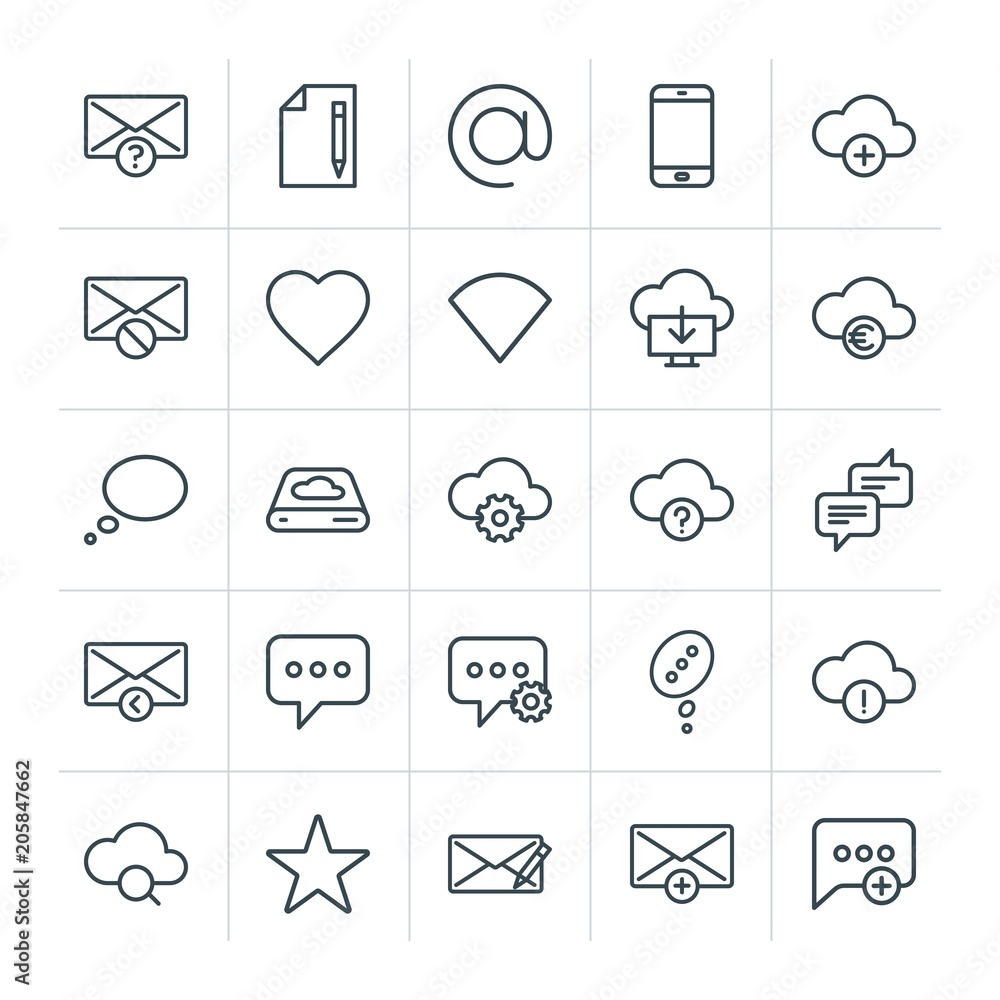 Poster modern simple set of cloud and networking, chat and messenger, mobile, email vector outline icons. c