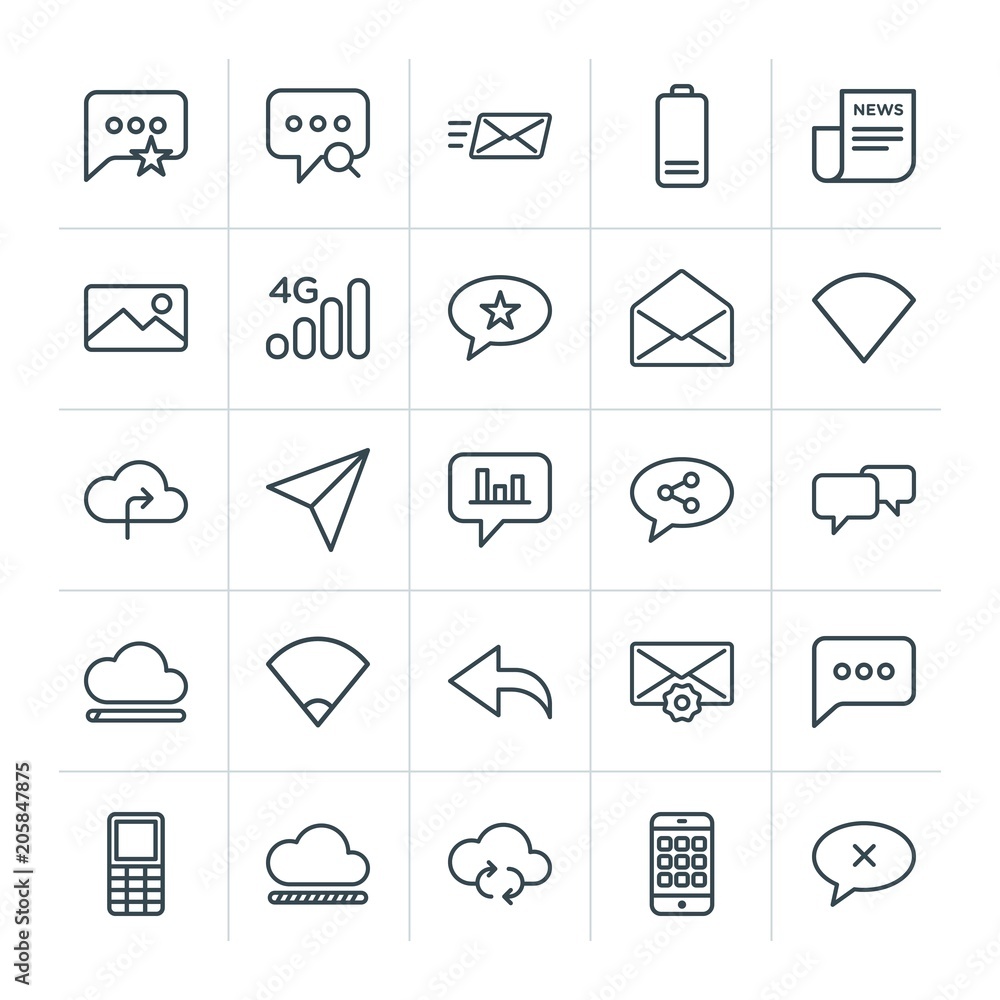 Poster modern simple set of cloud and networking, chat and messenger, mobile, email vector outline icons. c