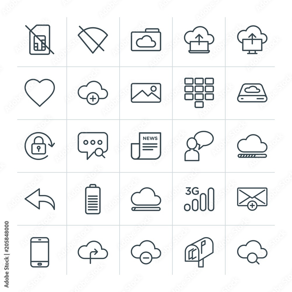Poster modern simple set of cloud and networking, chat and messenger, mobile, email vector outline icons. c