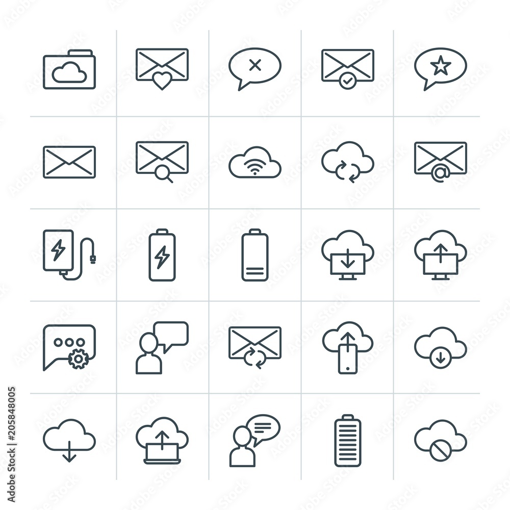 Poster modern simple set of cloud and networking, chat and messenger, mobile, email vector outline icons. c