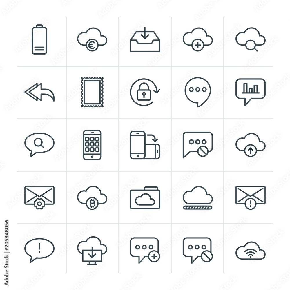 Poster modern simple set of cloud and networking, chat and messenger, mobile, email vector outline icons. c