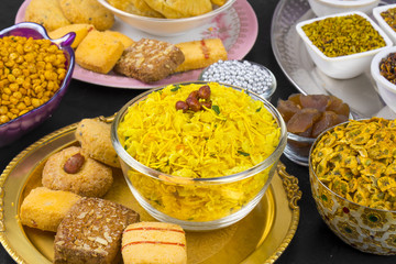 Indian Group of Diwali and Holi Celebration Food Namkeen, Chivda, Chiwada, Karanji, Namkin, Nimco, Mixture Namkeen, Masala Chana, Gujiya, Chana Chor Garam, Cookies, Biscuits or Mouth Freshner