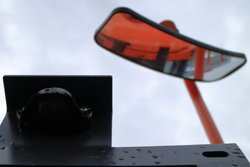 Image of the curved mirror of the front view of the bulldozer. Image of the front view camera of...