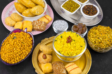 Indian Group of Diwali and Holi Celebration Food Namkeen, Chivda, Chiwada, Karanji, Namkin, Nimco, Mixture Namkeen, Masala Chana, Gujiya, Chana Chor Garam, Cookies, Biscuits or Mouth Freshner