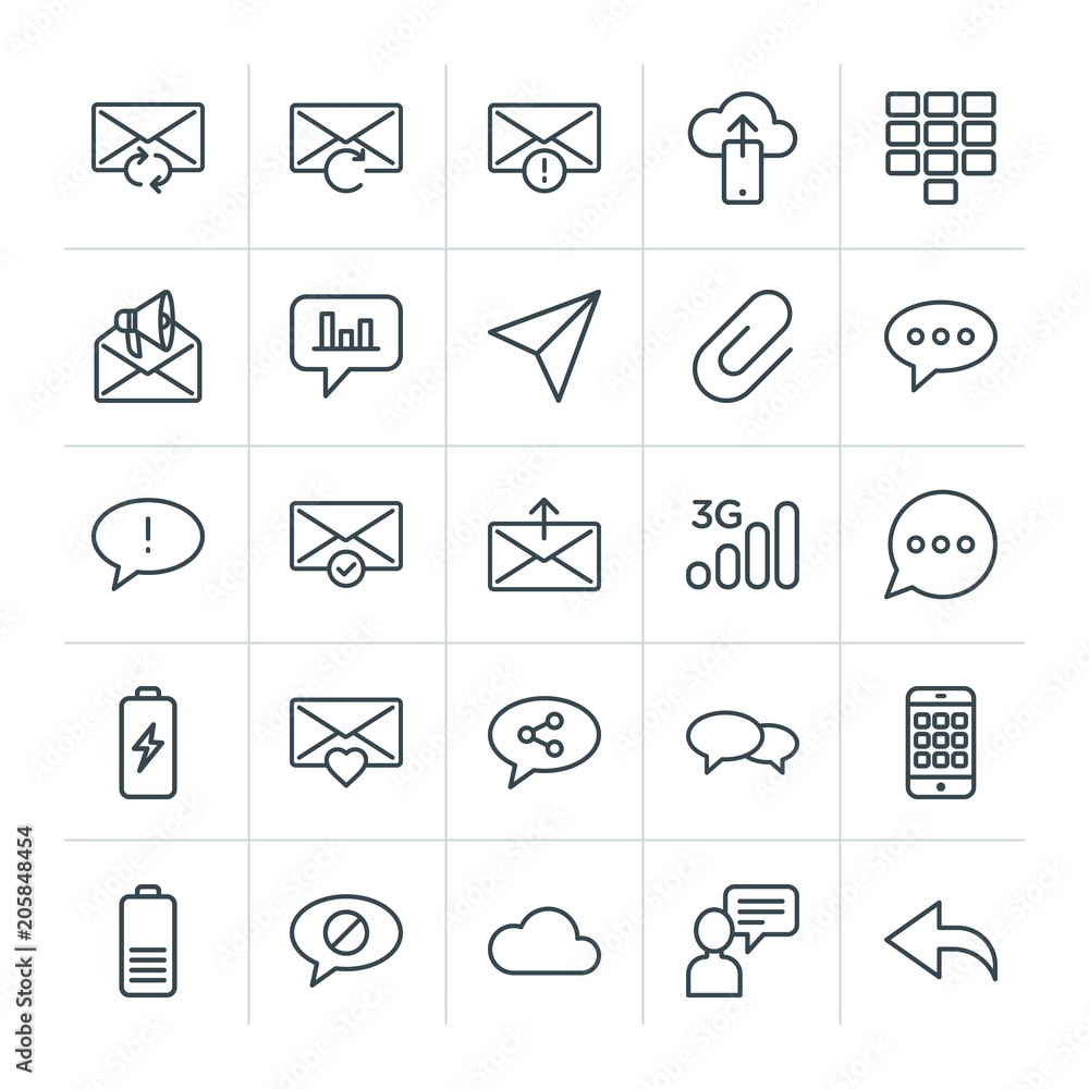 Poster modern simple set of cloud and networking, chat and messenger, mobile, email vector outline icons. c