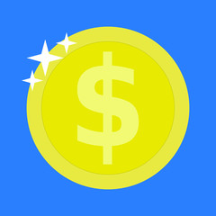 Dollar coin in flat style, golden coin, vector