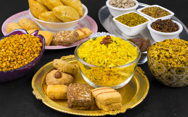 Indian Group of Diwali and Holi Celebration Food Namkeen, Chivda, Chiwada, Karanji, Namkin, Nimco, Mixture Namkeen, Masala Chana, Gujiya, Chana Chor Garam, Cookies, Biscuits or Mouth Freshner