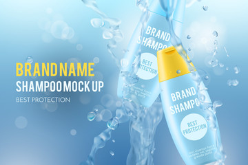 3d cosmetic illustration with realistic shampoo bottles, blue mockups for hair care on a blurred background with water splash and bubbles
