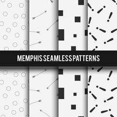 Collection of memphis seamless patterns. Simple black and white minimalistic textures, vector set, eps10