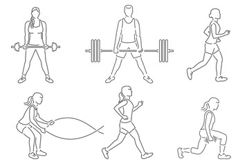 Set of fitness girls and man icon. Running, working out in gym with weight, exercises with battle ropes.