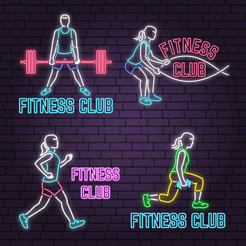 Set Of Neon Fitness Club Sign On Brick Wall Background. Vector Illustration.