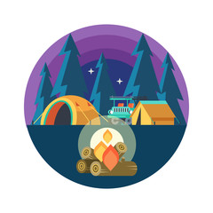 Camping.  Summer holidays in a tent on the nature. Vector illustration.