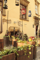 Beautiful design of a street cafe in Lviv street, Ukraine