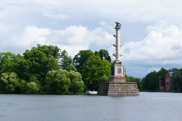 The Chesme Column in park  Tsarskoye Selo, Pushkin, Saint-Petersburg, Russia on lake