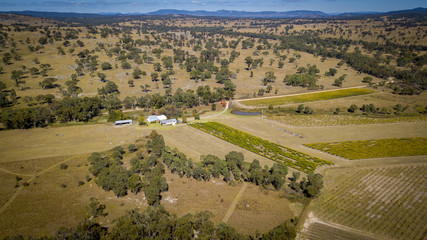 Aerial drone view over wineries and granite rock in Stanthorpe, Australia