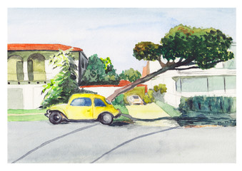 Fototapeta premium Mansion sketch with vintage car. Hand painted artistic watercolor sketch