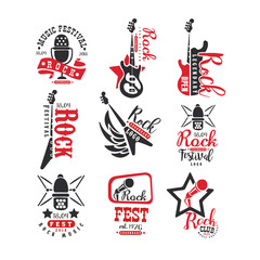 Rock club vintage style logo set, label for rock music fest vector Illustrations on a white background
