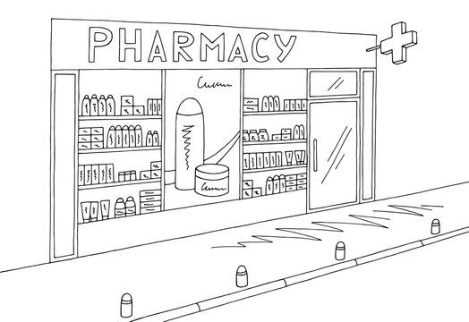 Pharmacy store shop exterior graphic black white sketch illustration vector