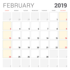 Calendar planner for February 2019. Week starts on Sunday. Printable vector stationery design template