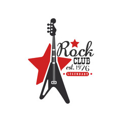 Rock club logo, legendary est. 1976, design element with electric guitar can be used for poster, banner, flyer, print or stamp vector Illustration on a white background