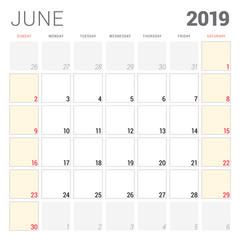 Calendar planner for June 2019. Week starts on Sunday. Printable vector stationery design template